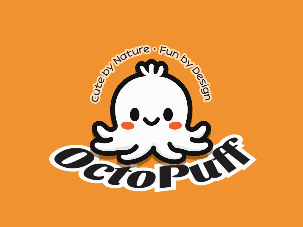 Kawaii white ghost/octopus hybrid logo with thick black outline, rosy cheeks, black oval eyes, tiny top tuft, four wavy arms, simple smile, soft gray shading, vector style.