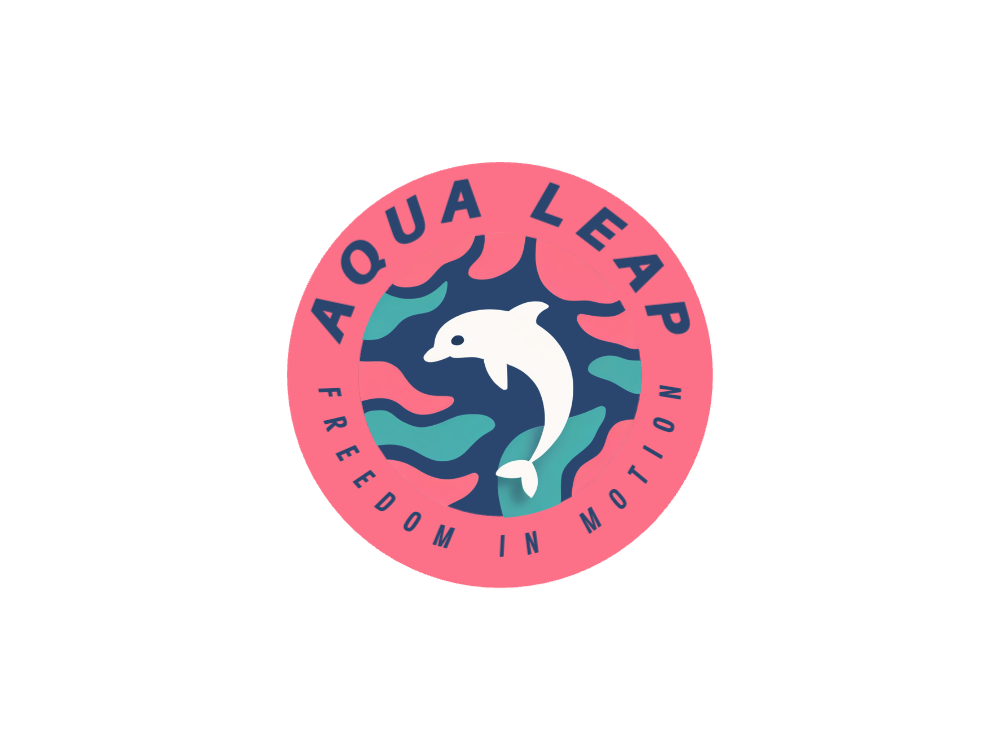 Minimalist white dolphin silhouette inside a softly glowing pink-teal circular badge, surrounded by blurred teal and pink wave shapes; pastel, friendly, modern logo.