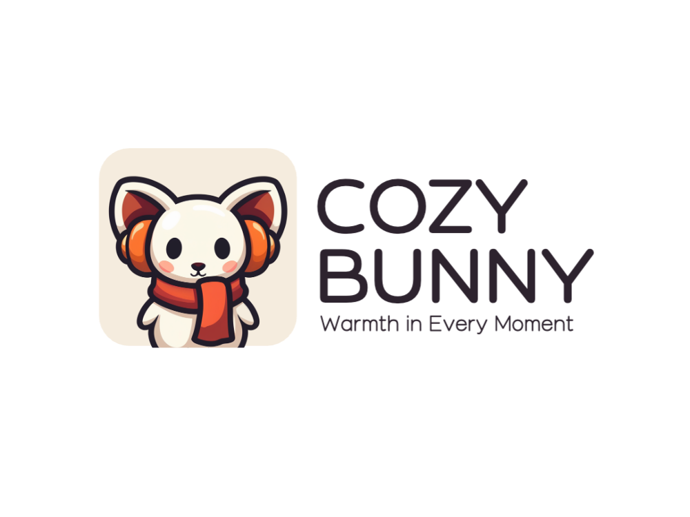 Chibi white bunny with orange earmuffs and scarf, bold black outlines, soft shading, friendly expression, logo-ready sticker style, warm orange background.
