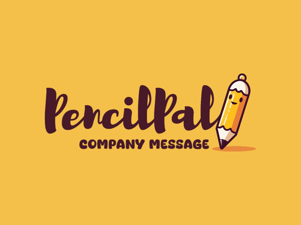 Cute smiling pencil logo with bold outline, yellow body, eraser top, wood tip, and flat vector style.