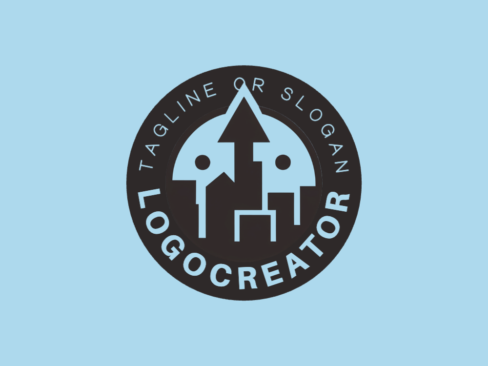 Minimal circular badge with a symmetrical central glyph: top triangle, central column, left dot bar, right stepped shape, bottom doorway, teal highlights on charcoal background.