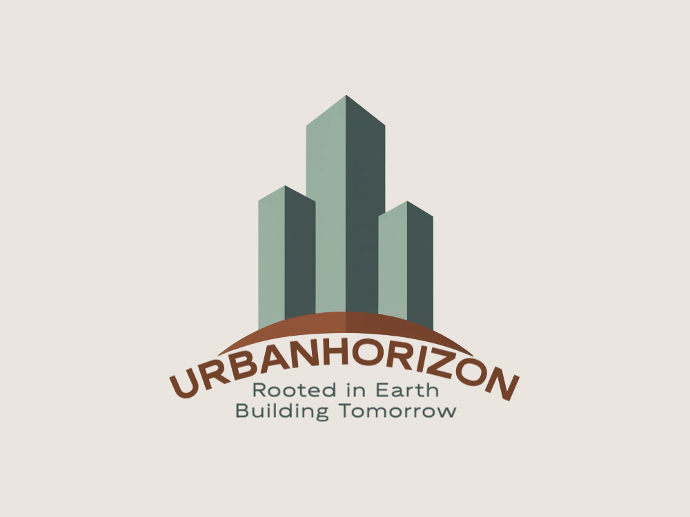 Minimal, futuristic logo with teal mint towers of varying heights rising from an orange curved base, set against a teal-to-green gradient; clean, vector-friendly, scalable city glyph.