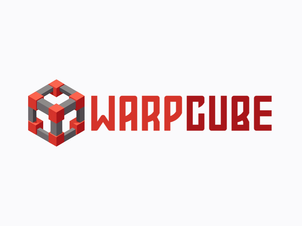 Symmetric isometric logo of red and gray voxel blocks forming a hollow square with a central red core, soft glow, bold minimal tech aesthetic.