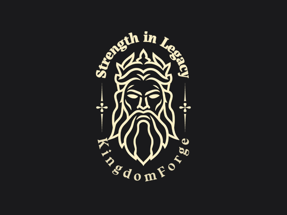 Symmetrical embossed heraldic logo of a bearded king with crown, flowing linework, ivory-yellow palette, soft glow on pale cream background, regal and decorative, Art Nouveau-inspired crest.