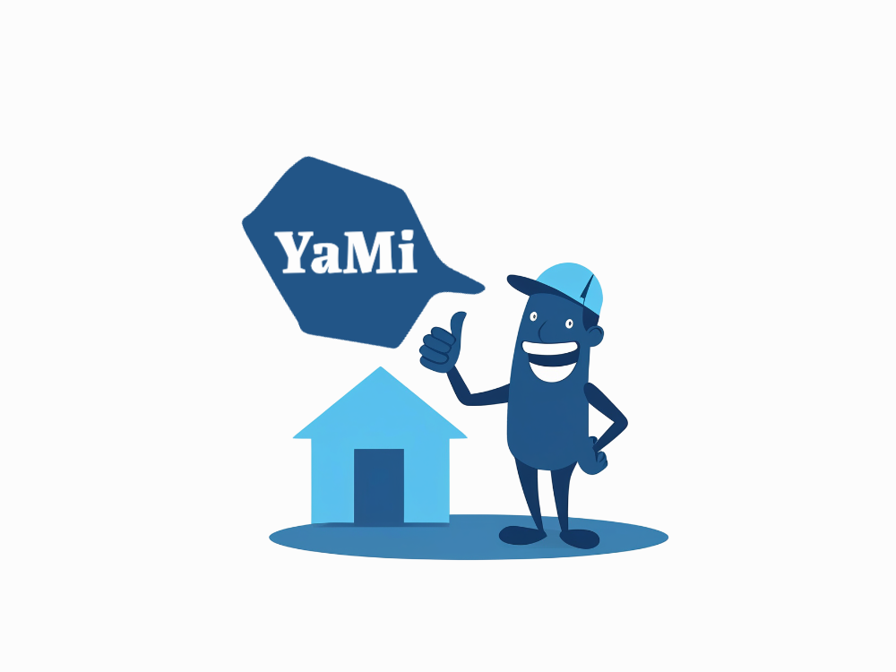 Friendly blue mascot with a cap giving thumbs up beside a light-blue house icon; modern vector style, blue gradients, friendly and approachable.