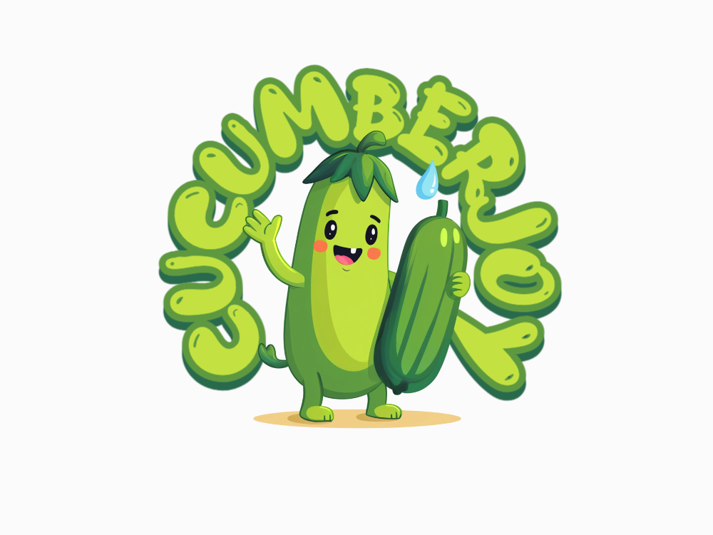 Cute green pepper mascot, friendly wave, holding a cucumber, leafy cap, glossy 3D cartoon style with blue glow.