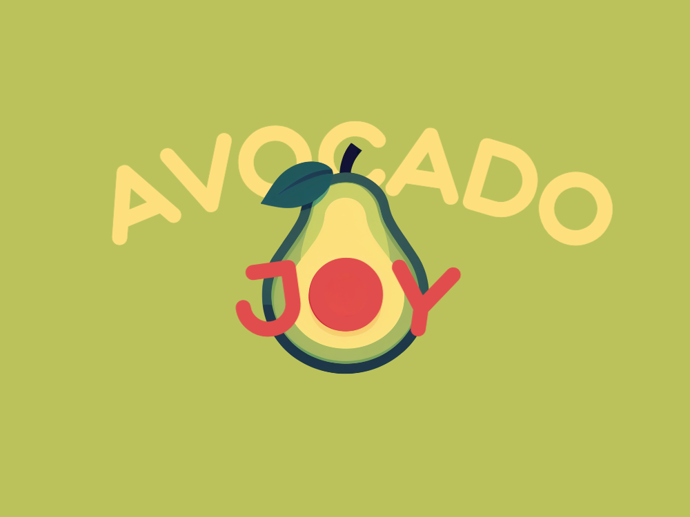 A minimal vector avocado half with red seed, layered greens and yellows, dark teal background, two leaves at top, clean flat design.