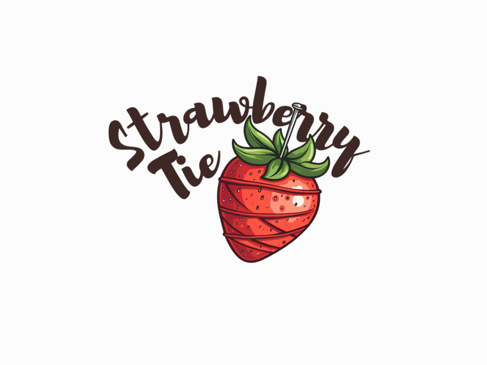 Bold, cartoon strawberry crest with green leaves, diagonal ribbons, glossy shading, and a vertical pin; high-contrast vector-style on a green-to-olive gradient.