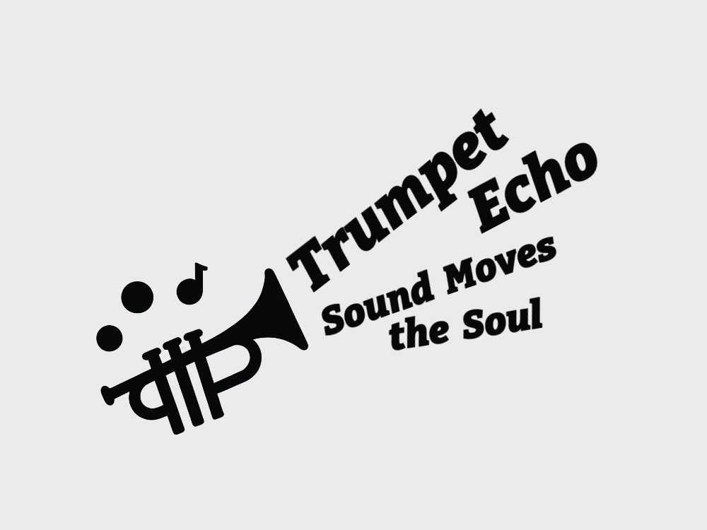 A minimalist, black-on-black trumpet glyph logo: a stylized trumpet forming subtle G I F lettering, with glossy valve highlights and faint musical-note backdrop for a modern, premium brand.