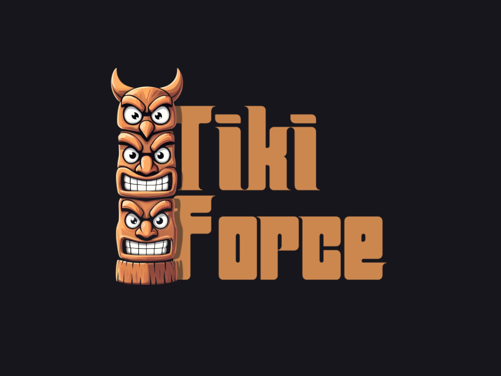 Vertical stacked tiki totem with three emotion-rich carved faces, bold black outlines, warm orange-brown wood, glossy teeth, cartoon style, sunlit gradient background; adaptable for a bold logo.