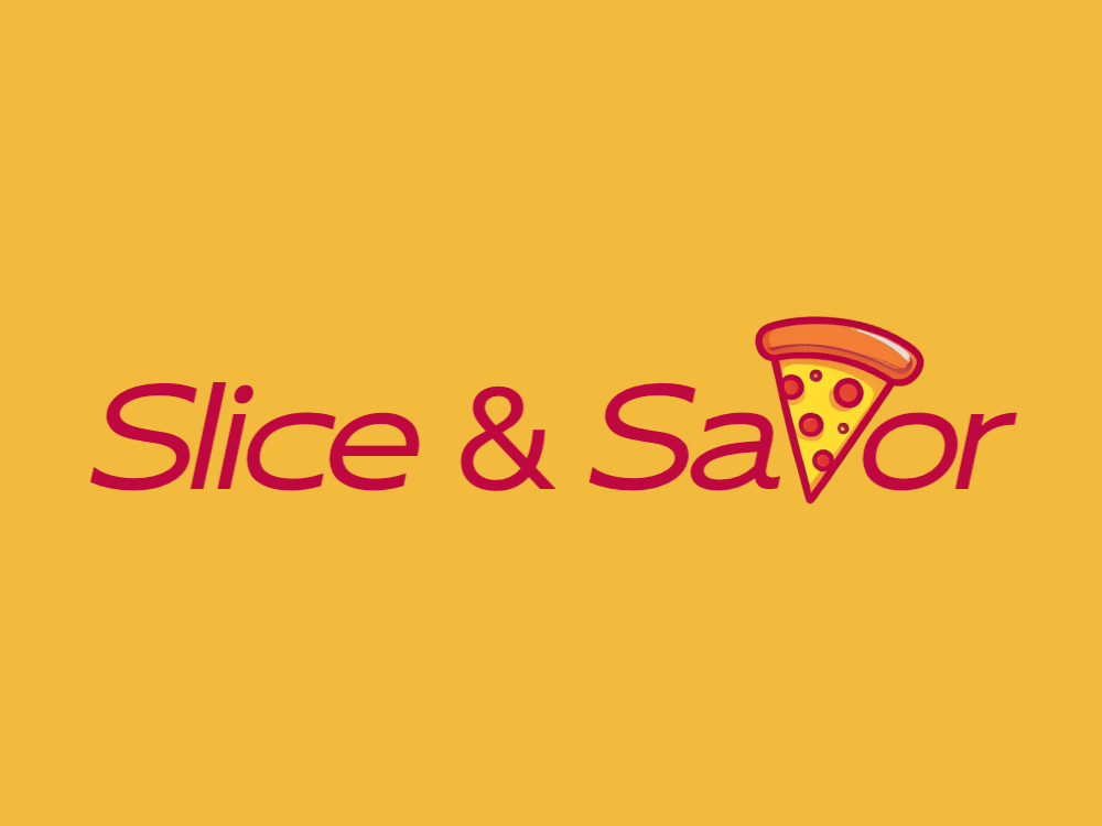 Bold cartoon pizza slice logo with magenta outline, bright yellow cheese, red pepperoni, orange crust, centered on a red-pink gradient; flat vector style, friendly, scalable.