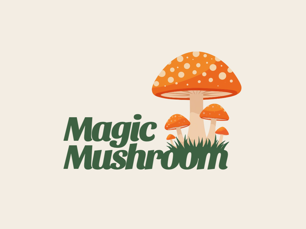Whimsical orange polka-dotted mushrooms in a central cluster on green grass, with warm gradient glow, glossy 3D vector logo.