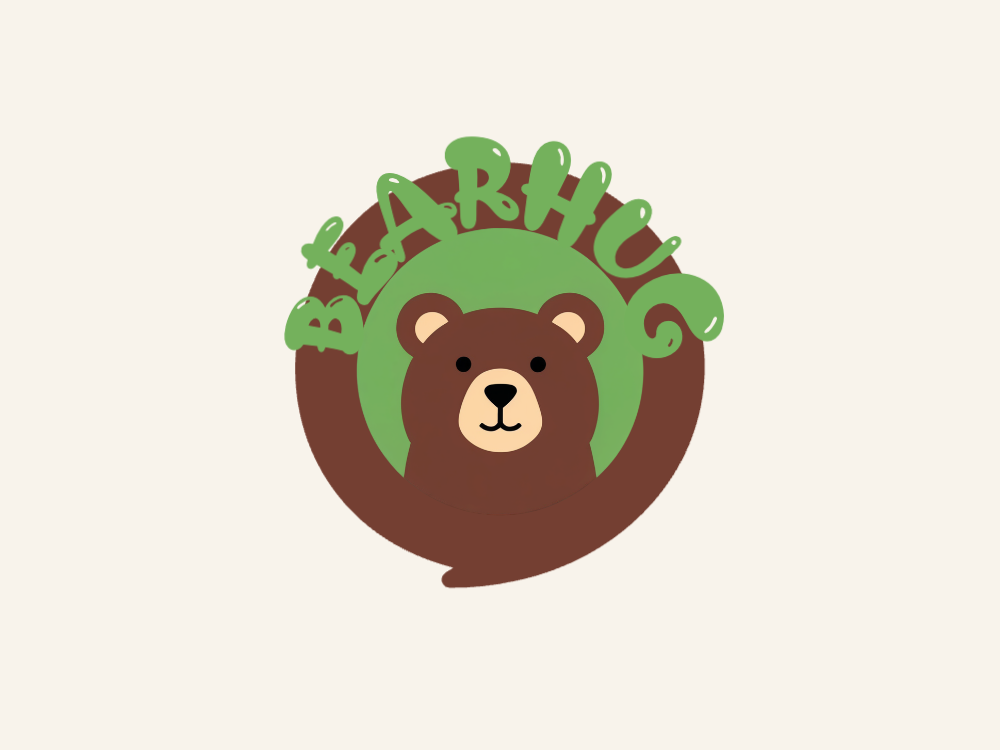 Cute flat-design bear head logo on a circular green gradient, brown fur, beige muzzle and inner ears, black eyes and nose, simple curved mouth, friendly vector style for icons.