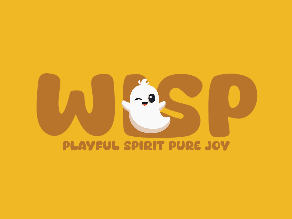 A cute white ghost mascot with one wink, large black eye, small open mouth with a red tongue, rounded body, outstretched arms, soft shading, warm background, kawaii vector style.