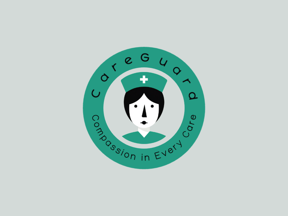 Minimal flat-vector nurse avatar on green gradient; white face, black hair, simple eyes and nose; green scrubs; white cross overhead; friendly medical logo with clean, symmetrical shapes.
