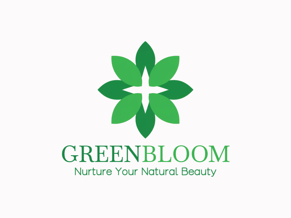 Radial six-leaf green flower logo with glossy gradients, symmetrical, subtle bevels, 3D emboss, soft shadows, clean edges.