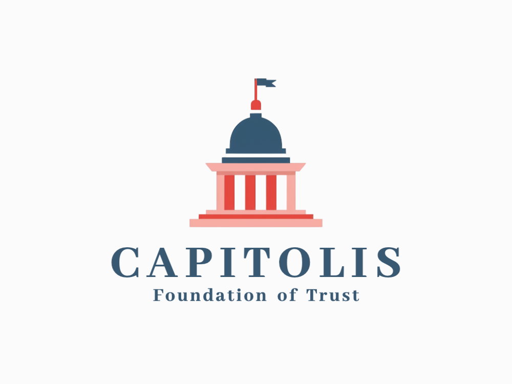 Symmetrical logo of a capitol-building: blue dome, red vertical panels, pale pink pediment, white base, tiny flag atop, on red-to-blue gradient glow.