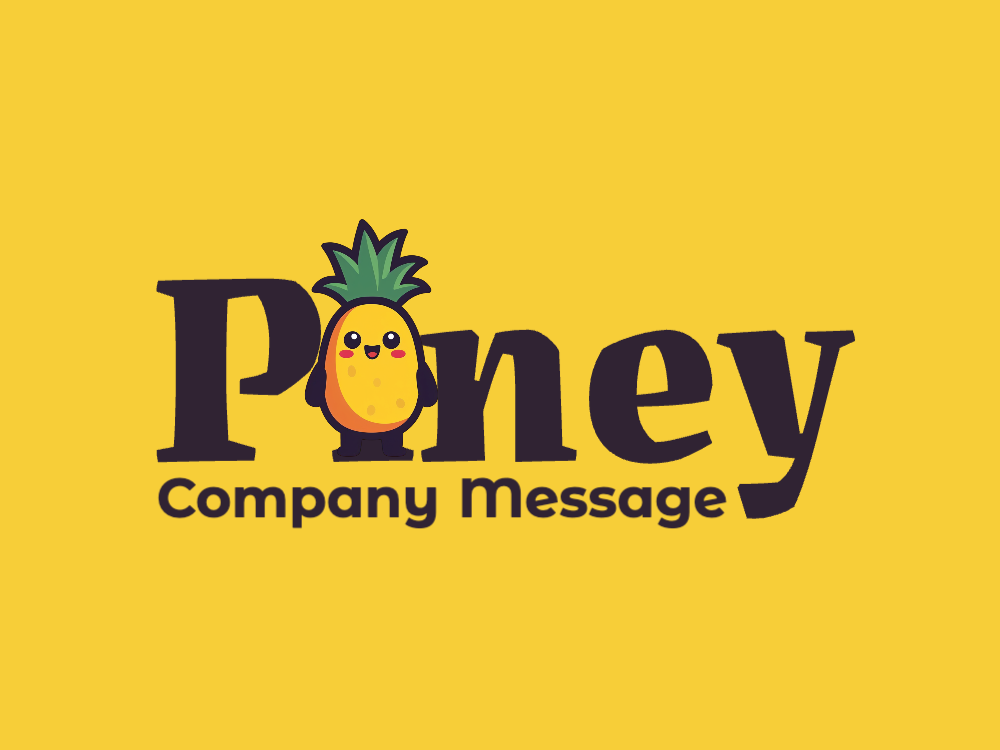 Cute pineapple mascot logo in kawaii style: yellow body with orange left gradient, green crown, big glossy eyes, rosy cheeks, small smile, black outline, simple rounded limbs, dark gradient background.