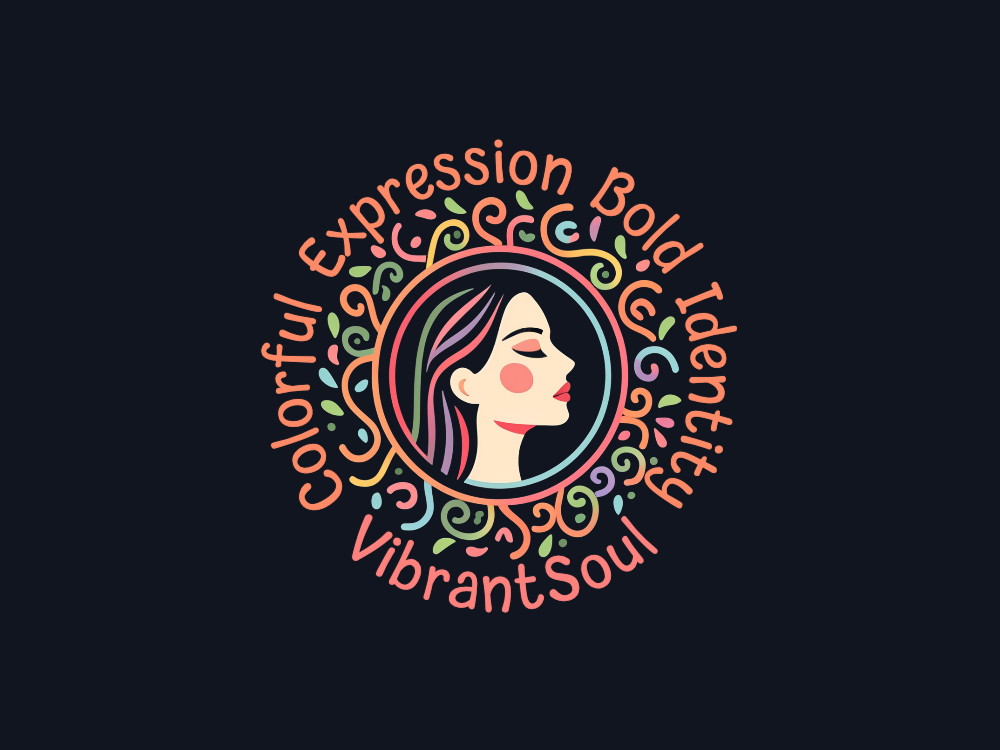 A glowing circular logo featuring a stylized profile of a woman with pastel rainbow hair, surrounded by neon swirls, soft gradient background, vibrant yet pastel color palette.