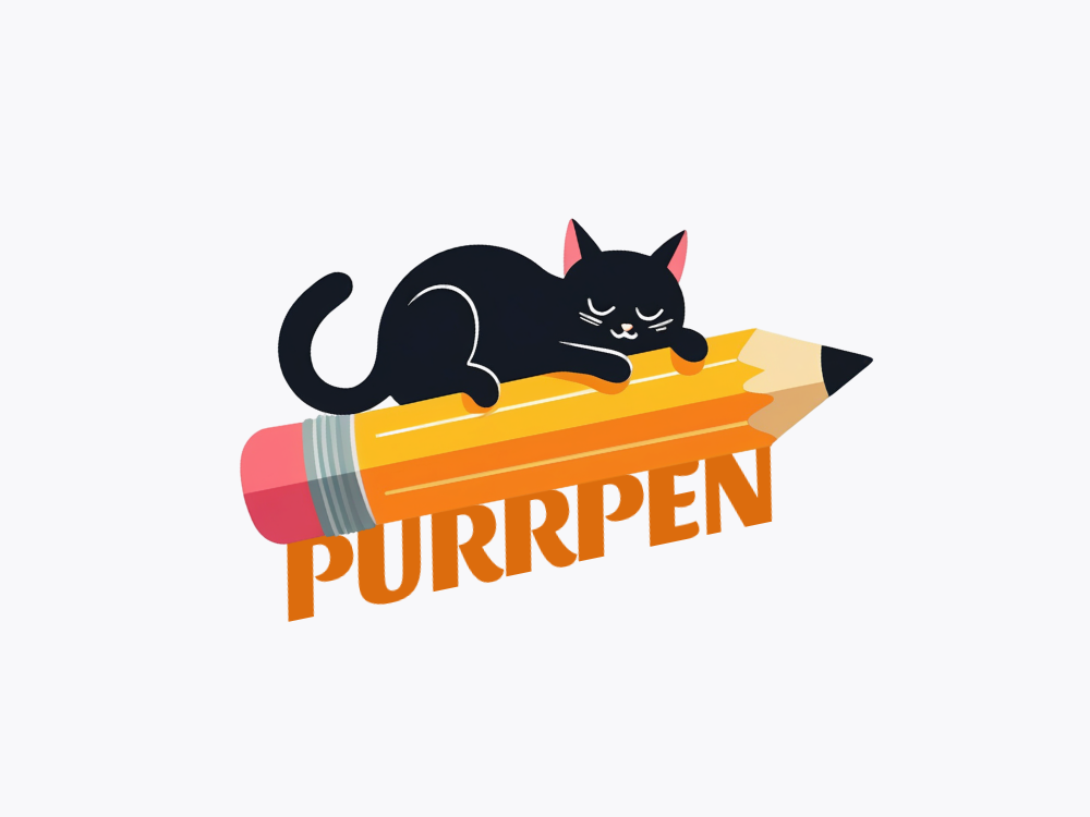 A playful black cat lounging on a large yellow pencil, with pink eraser, soft gradients, and a logo-friendly, friendly mascot style.