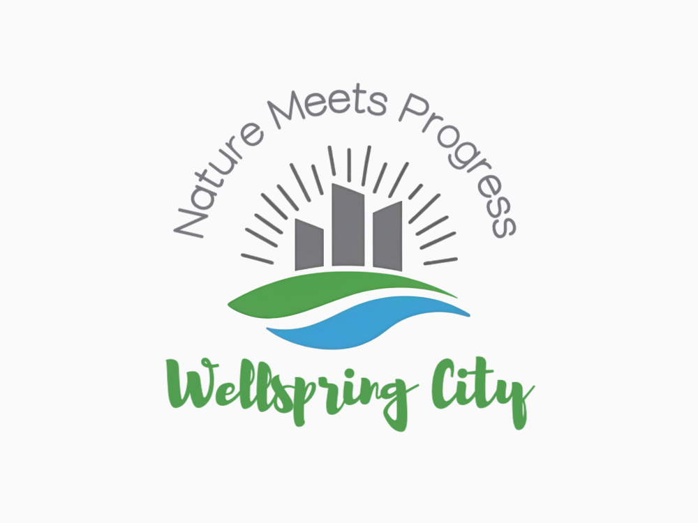 Minimalist logo with three central vertical panels, a sunburst backdrop, and two flowing green and blue curves at the bottom, conveying eco-technology and education.