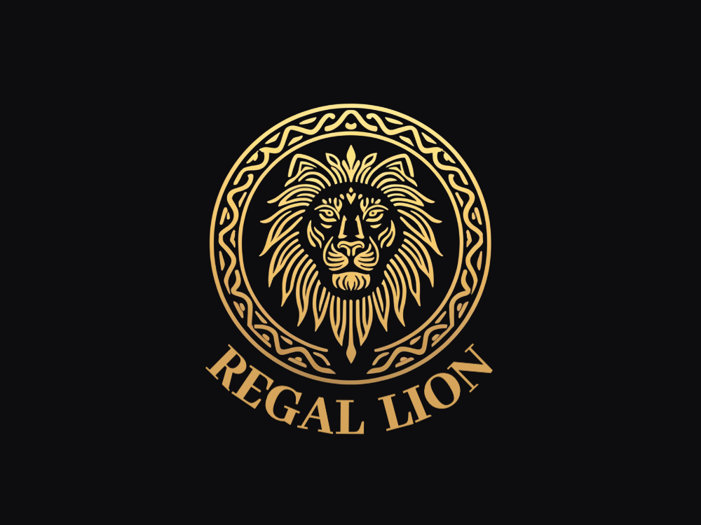 Gold circular Lion emblem with embossed relief, ornate knotwork border, symmetrical mandala mane, champagne to amber gradient, luxurious heraldic seal for premium brands.