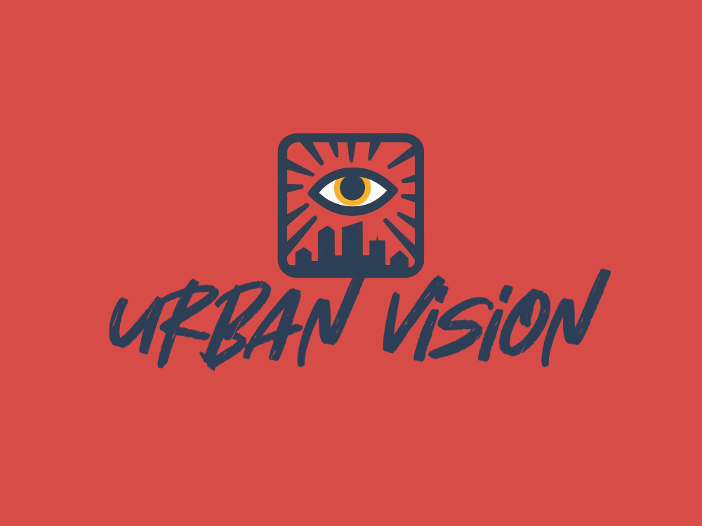 Square rounded icon featuring a central eye over a sunburst, with a navy skyline at the bottom; bold flat vector, coral rays, orange iris.