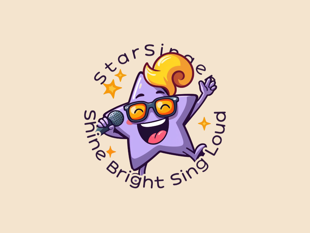 Cartoon star logo: purple star character with orange tuft, oversized orange glasses, holding a microphone, dynamic singing pose; vibrant gradient background with sparkles, bold outlines, glossy vector style.