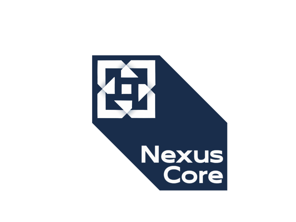 Minimalist, symmetrical logo with overlapping translucent diamonds forming a hollow central square; soft blue-gray shadows on a white-to-light-gray gradient.