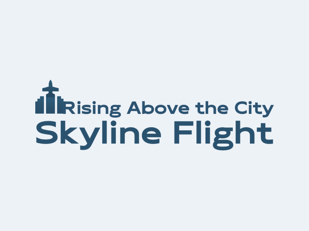 Minimal blue skyline logo with a central tower supporting a plane silhouette, flanked by blocky buildings, subtle depth, clean geometric shapes.