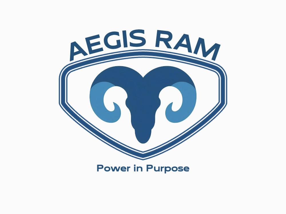 Symmetrical abstract ram head with curling blue horns, layered circles, soft blue gradients, subtle bevels and shadows; minimalist vector style for modern branding.