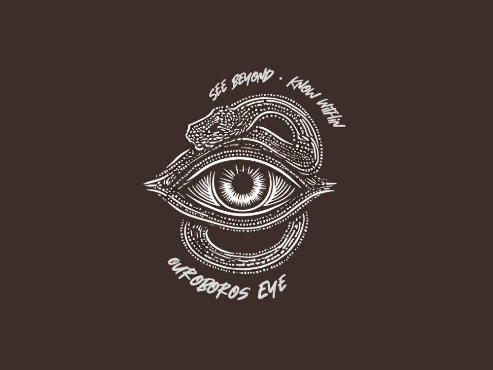 Monochrome sepia, ornate eye logo with radiating iris, lace filigree, dotted borders, concentric rings, and decorative ribbons; symmetrical, vector-friendly, engraving/tattoo-inspired aesthetic.
