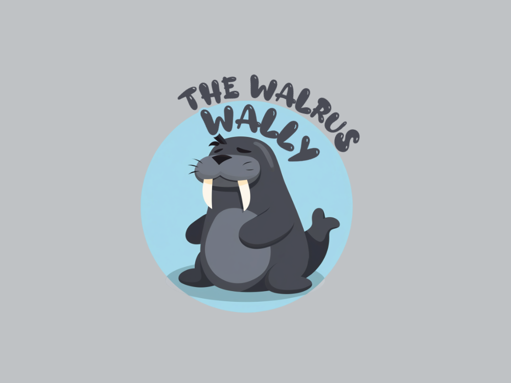 Cute, vector-style walrus mascot with dark blue-gray body, pale gray belly, oversized ivory tusks, relaxed seated pose, closed eyes in a smile, blue halo background, soft shadows for a logo.