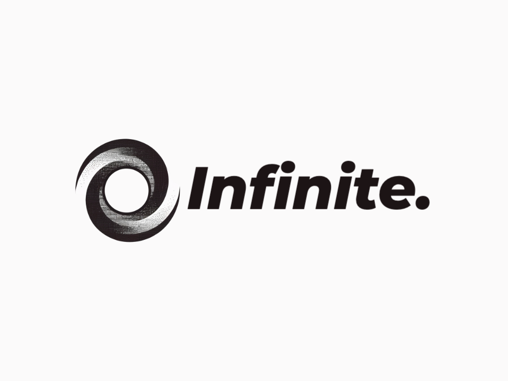 A monochrome circular logo featuring a grainy, brush-stroke ring with inner negative space; white speckled arc on dark background; contemporary, minimal, textured zen-inspired mark.