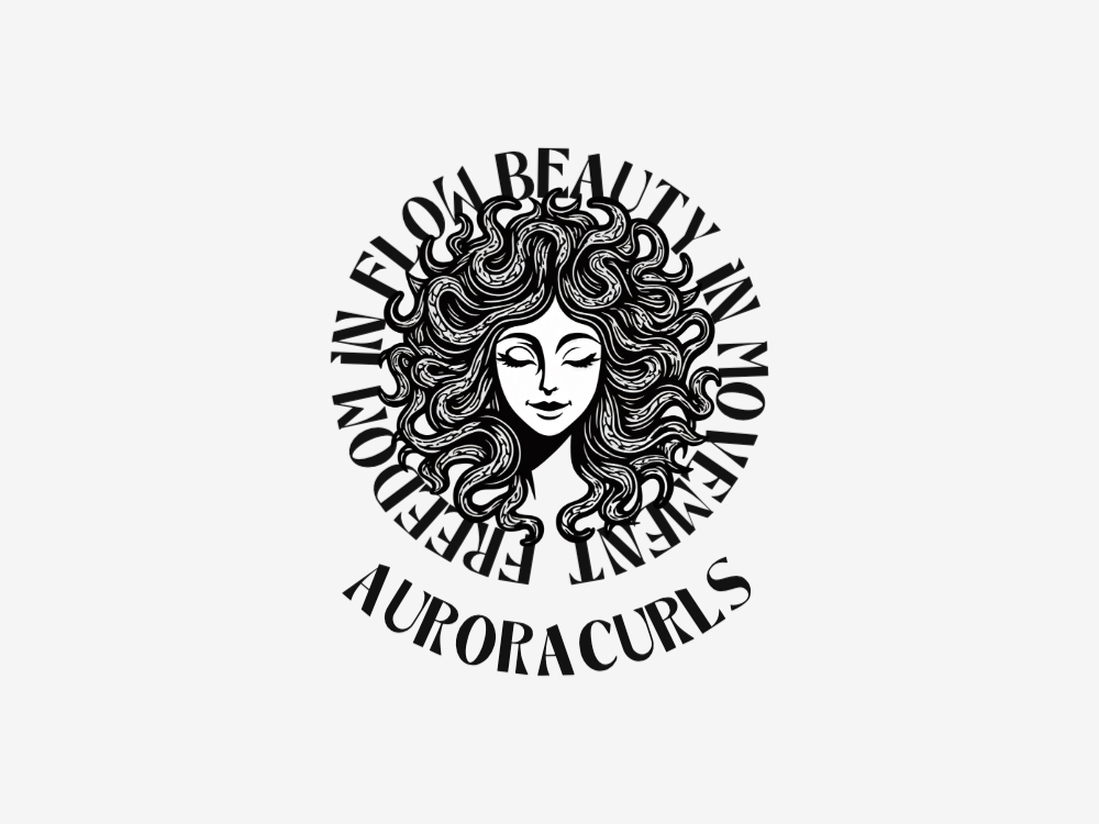 Monochrome logo of a serene, closed-eyed female face with wild, halo-like curls in bold black-and-white line art.