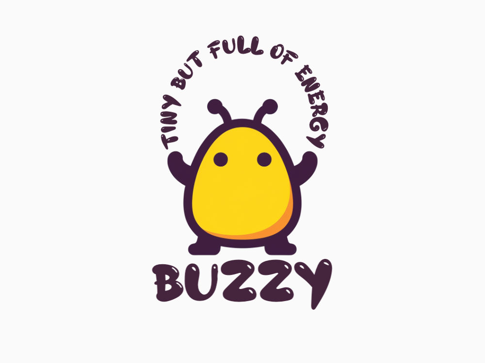 A cute yellow rounded blob with a thick purple border forming four limb-like flares, two purple eyes, and a bottom-right orange highlight in vector style on a dark gradient background.