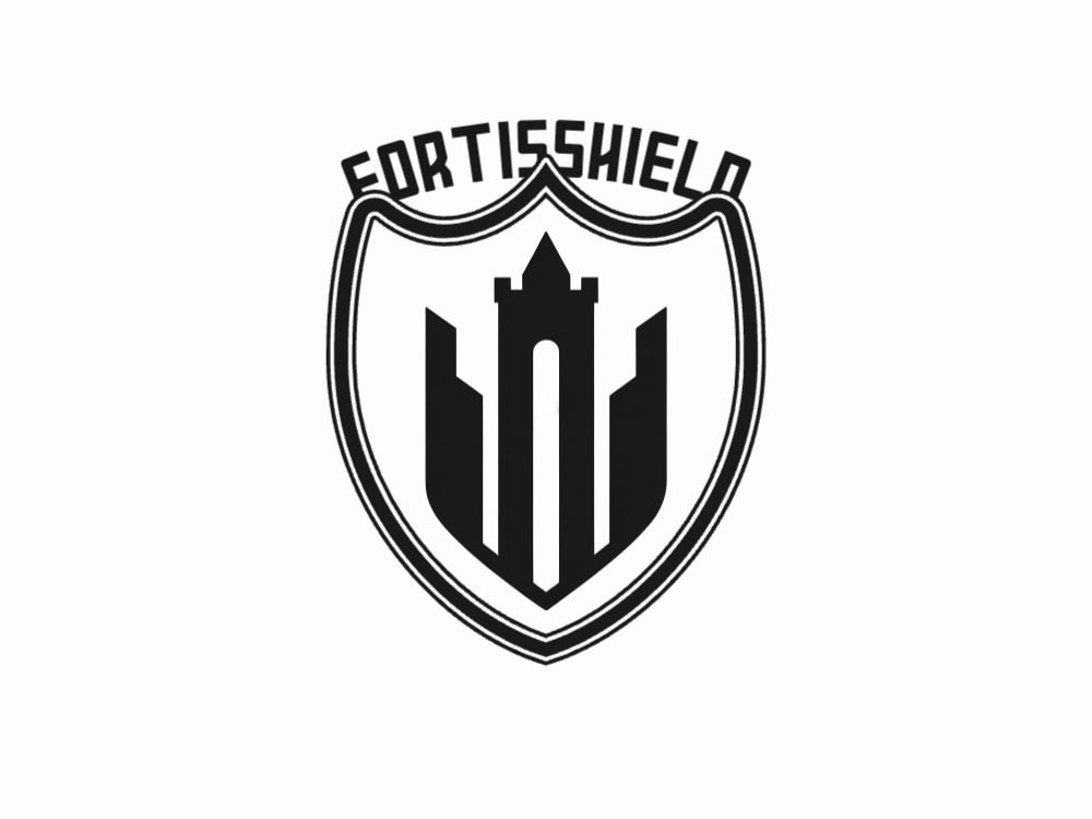 Monochrome shield logo with a central tall rounded slot, black shield, white glowing inner rectangle, symmetrical gothic-futuristic style, high contrast, clean vector lines.