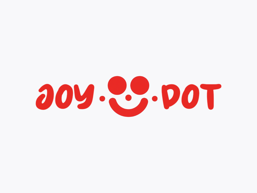 Monochrome red smiley logo with two large circular eyes, a small center nose dot, and a bold curved mouth; subtle embossed shadows create a 3D relief on a red field.