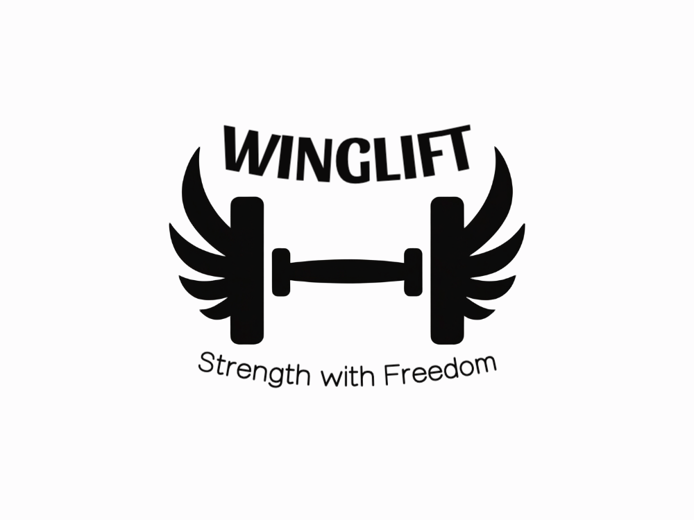 Symmetrical, monochrome logo featuring a central barbell between two winged vertical pillars; bold, minimalist, aviation-inspired fitness emblem with high contrast and scalable vector aesthetics.
