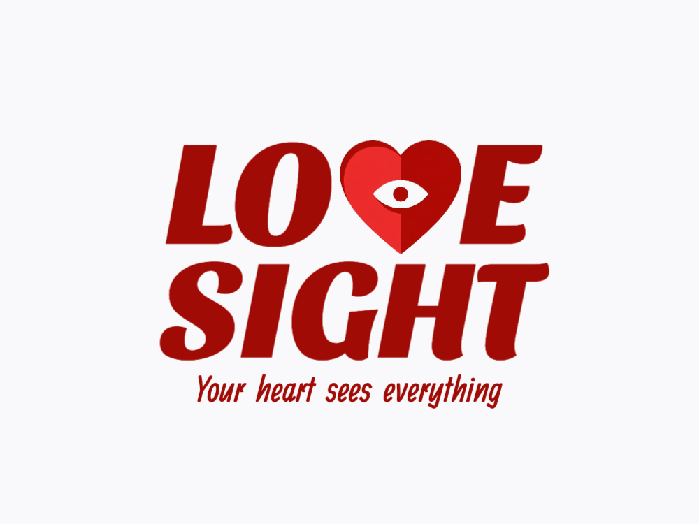 Minimal vector logo: red heart split by a vertical seam, centered white eye with red pupil, warm gradient background, bold clean shapes.