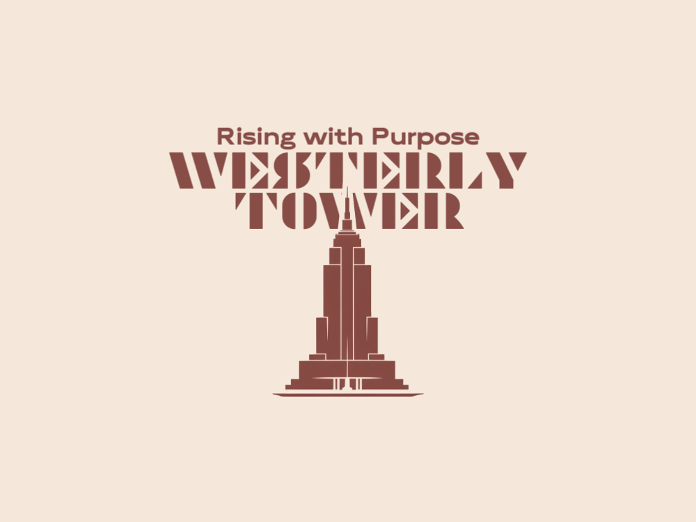 Symmetrical Art Deco skyscraper logo with central spire, glowing ivory lines, and stepped tiers on warm brown background.