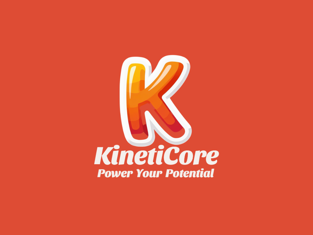 A bold, glossy K with orange-yellow gradient, thick white outline, rounded chunky form, sticker-like plastic texture, subtle highlights on white background.