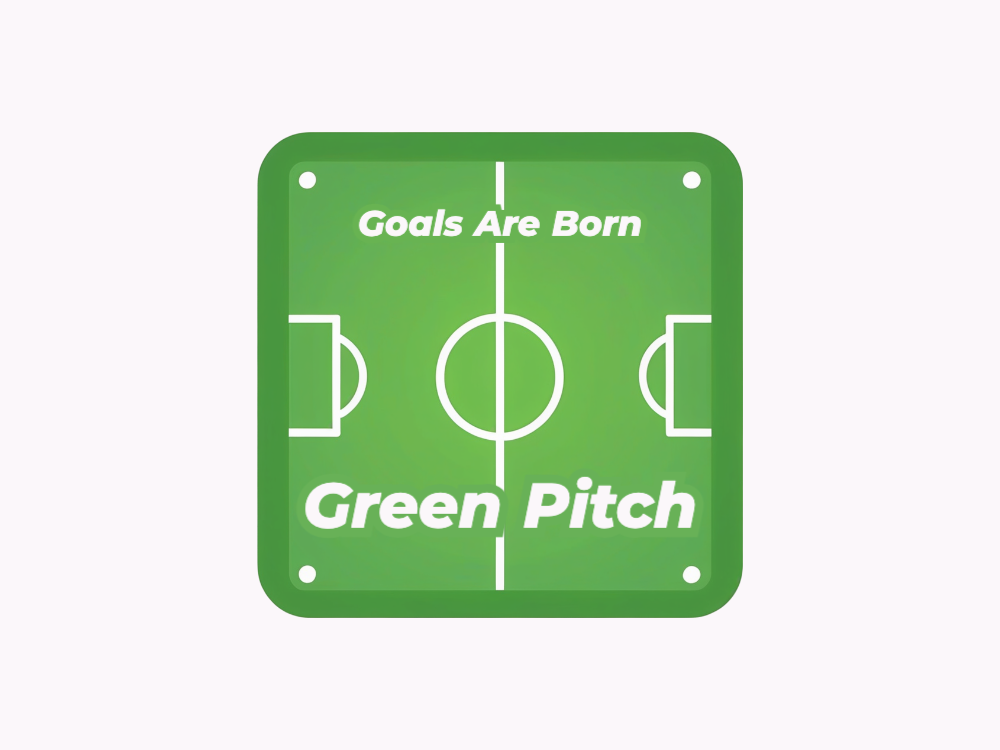 Minimal football pitch icon on a rounded green badge with central line, center circle, penalty boxes, and symmetry.