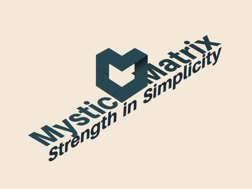 Minimal geometric logo with a dark teal M-shaped negative space inside a beveled square frame, rich gradients, subtle 3D bevels, symmetrical, modern tech style.