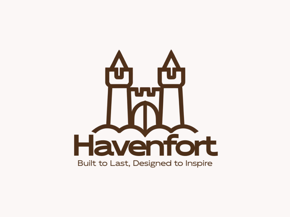 Symmetrical two-tower castle gate logo in warm bronze tones, clean line art, minimal shading, embossed feel, modern vector look.